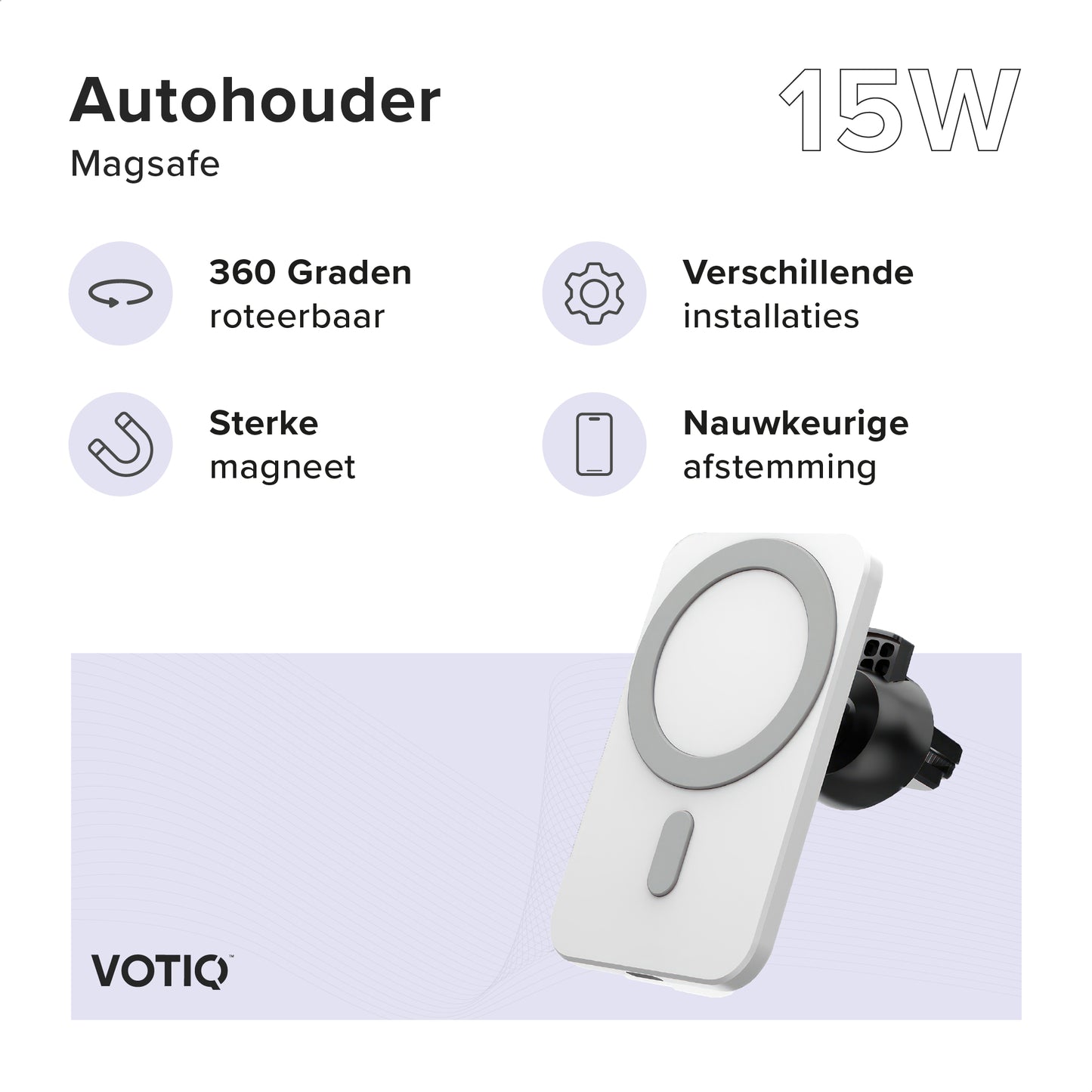 VOTIQ® MagSafe Autohouder iPhone 14/13/12 Draadloze oplader Mini/Max/Pro Apple iPhone Telefoonhouders magnetisch (Wit)…