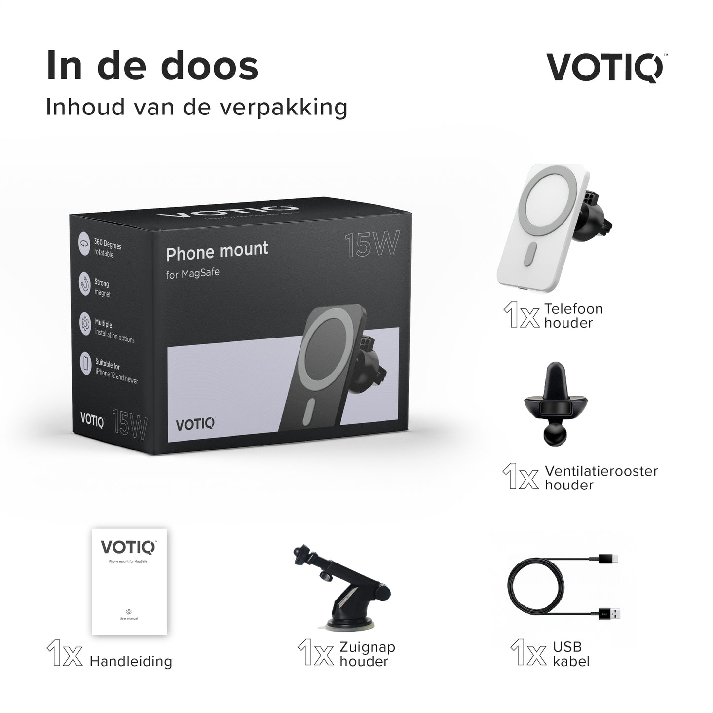 VOTIQ® MagSafe Autohouder iPhone 14/13/12 Draadloze oplader Mini/Max/Pro Apple iPhone Telefoonhouders magnetisch (Wit)…