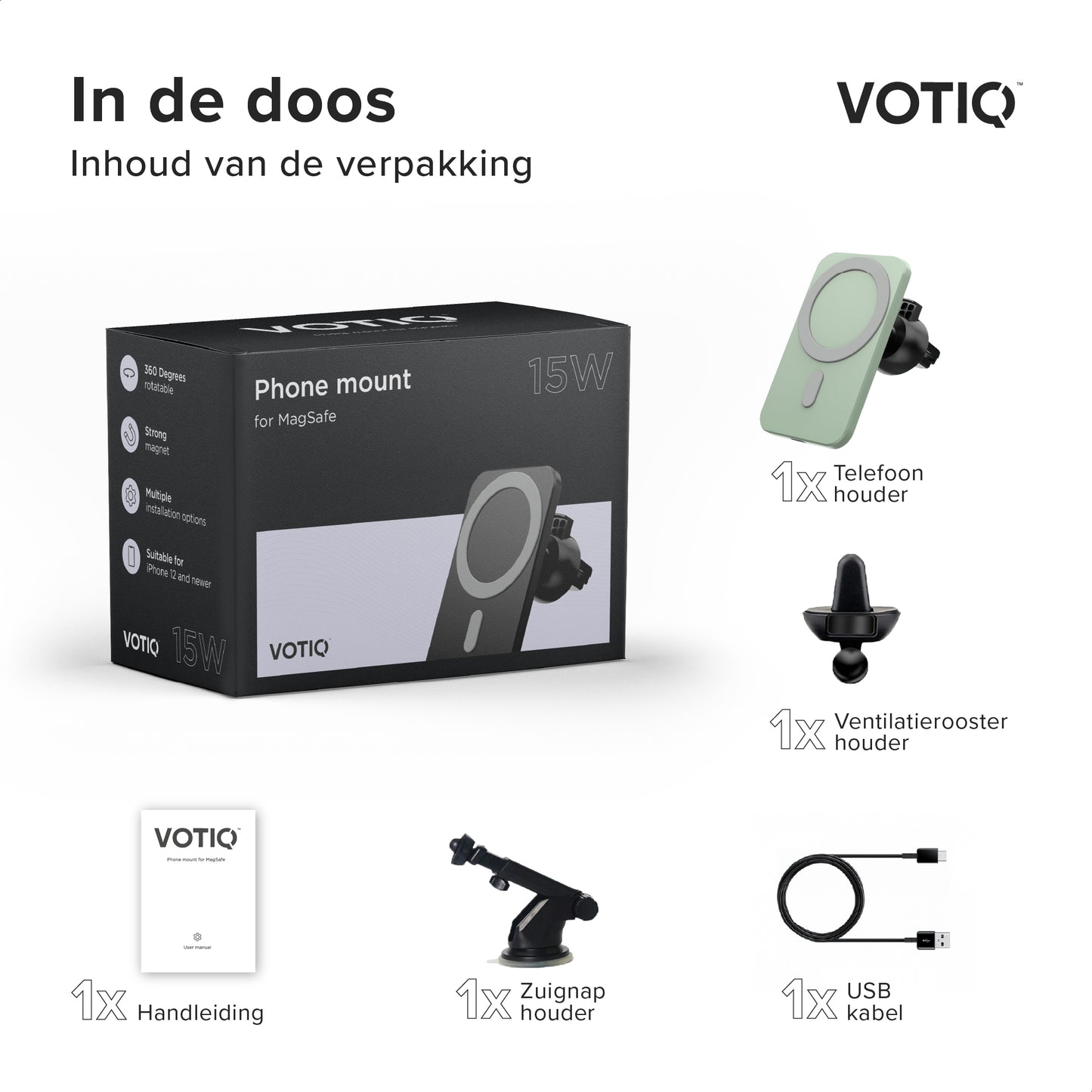 VOTIQ® MagSafe Autohouder iPhone 14/13/12 Draadloze oplader Mini/Max/Pro Apple iPhone Telefoonhouders magnetisch (Groen)…